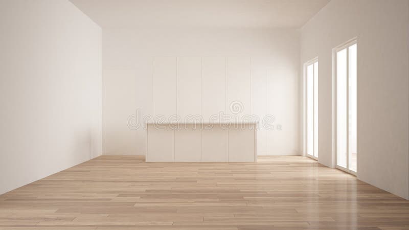 Minimalism, modern empty room with white hidden kitchen with island, parquet floor, white and wooden interior design. Minimalism, modern empty room with white stock photography