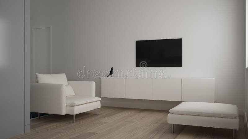 Minimalist small living room in one bedroom apartment, living room with sofa and pouf, tv rack, parquet floor, white interior royalty free stock photo