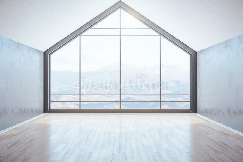 Minimalistic attic interior room with landscape view. Minimalistic attic interior room and big light window with landscape view. Design and style concept.  3D vector illustration