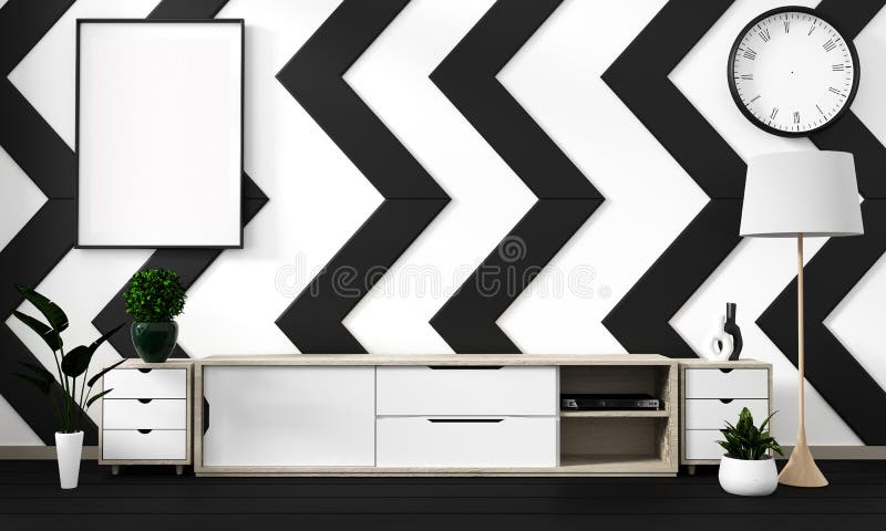 Mock up black and white room poster with zen hipster minimalism japanese interior background, 3D rendering. Black and white room poster with zen hipster vector illustration