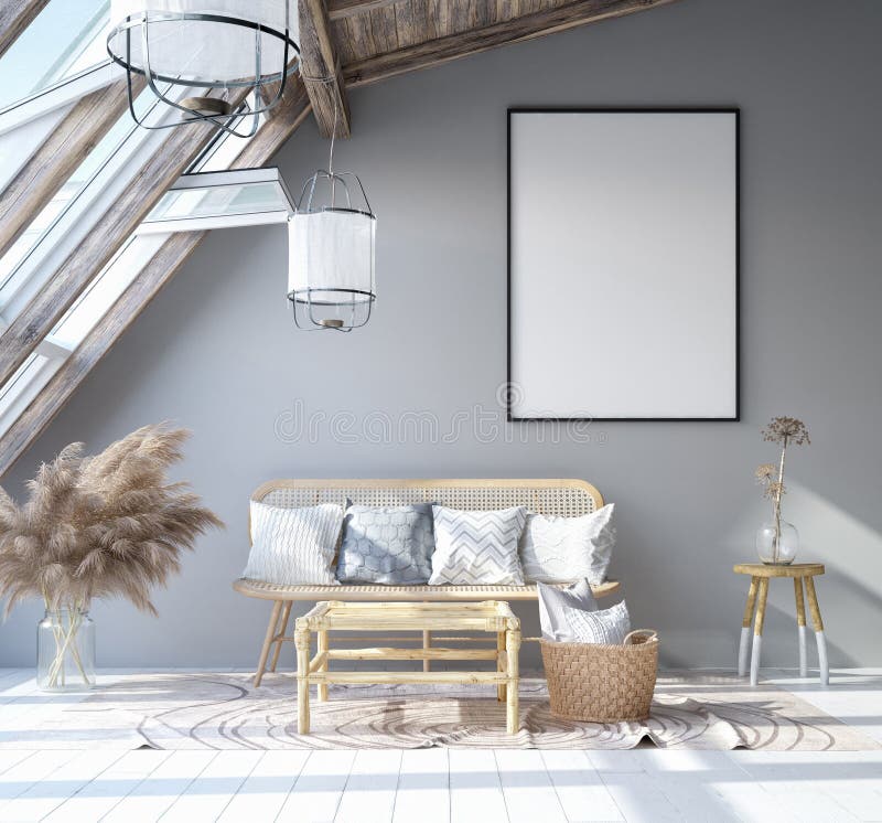 Mock up poster frame in home interior background, Scandinavian Bohemian style living room in attic. 3D render vector illustration