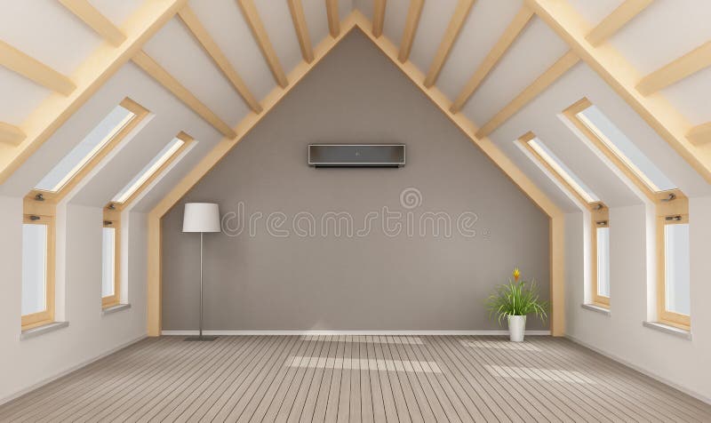Modern attic without furniture. And black air-conditioner on wall - 3D rendering royalty free illustration