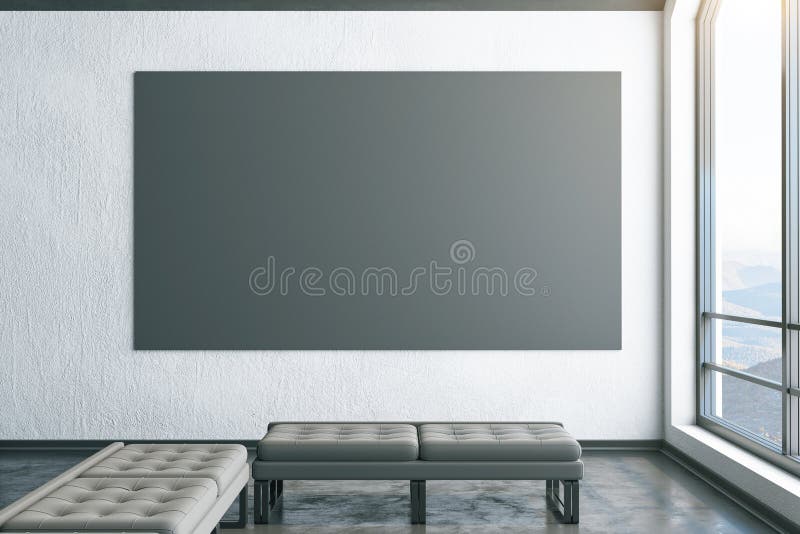 Modern attic interior room with blank banner on wall. And bench. Art and design concept. 3D Rendering royalty free illustration