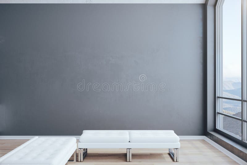 Modern attic interior room with empty gray wall. And bench. Art and design concept. 3D Rendering royalty free illustration