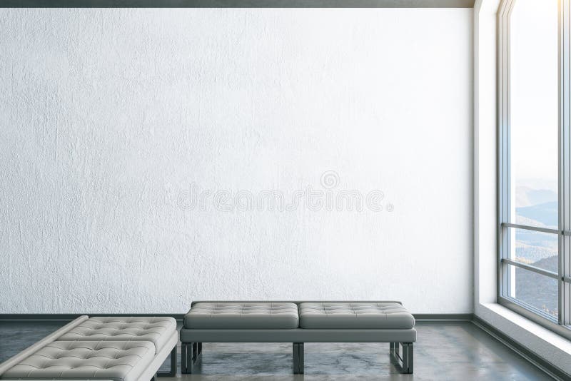 Modern attic interior room with empty white wall. And bench. Art and design concept. 3D Rendering vector illustration