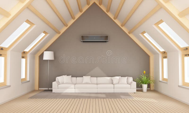 Modern attic. With white sofa and wooden beams - 3D rendering royalty free illustration