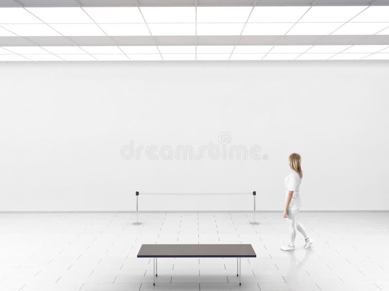 Modern gallery wall mockup. Woman walk in museum hall. With blank wal, fence, bench. White clear stand mock up show. Display artwork presentation. Art design stock photos