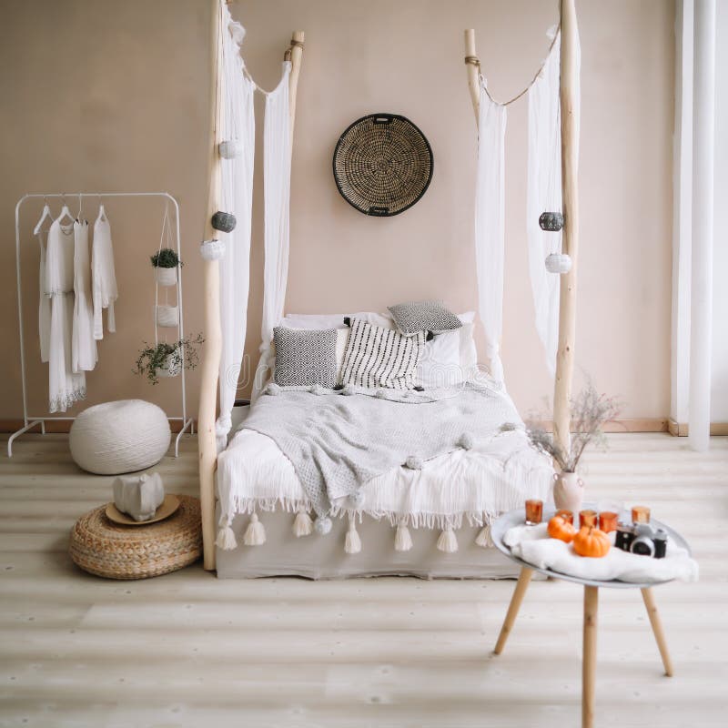 Modern home interior design. Exotic bedroom interior, scandinavian style stock photography