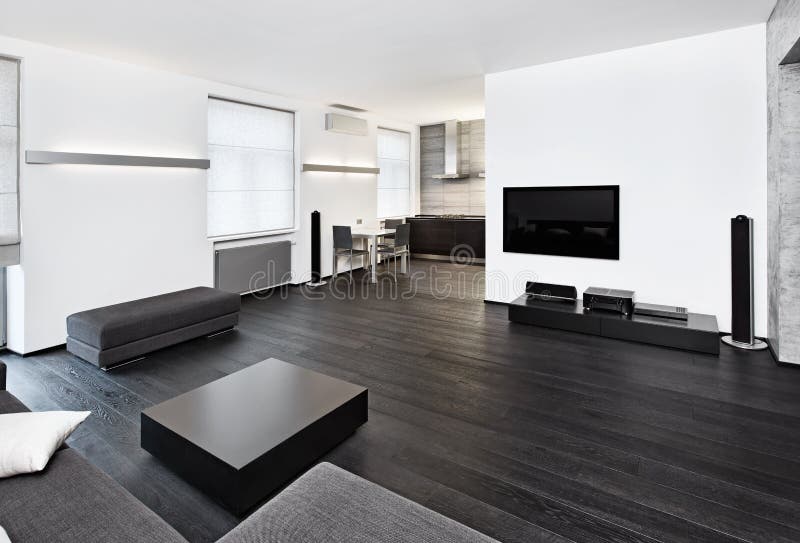 Modern minimalism style studio interior. Modern minimalism style sitting room interior in black and white tones stock images