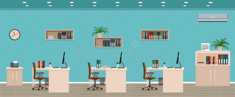 Office room interior including three workspaces with cityscape outside window. Workplace organization. vector illustration