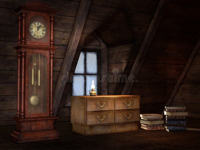 Old attic with a clock. And books vector illustration