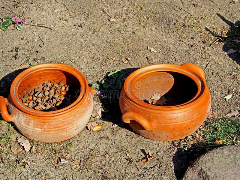 Old clay broken pottery with acorns and oak leaves inside on the ground in the yard of a roadside restaurant. Old clay broken pottery on the ground in the yard stock images