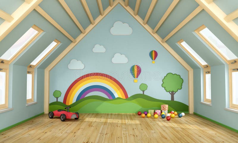 Playroom in the attic. With toys and decoration on wall - 3D Rendering vector illustration