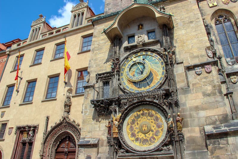 Ancient medieval Prague Astronomical Clock Prazsky orloj and calendar plate in the wall stock photography