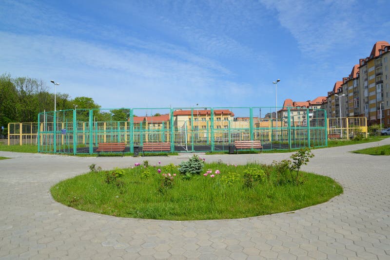 The school sports ground in the city of Zelenogradsk royalty free stock images