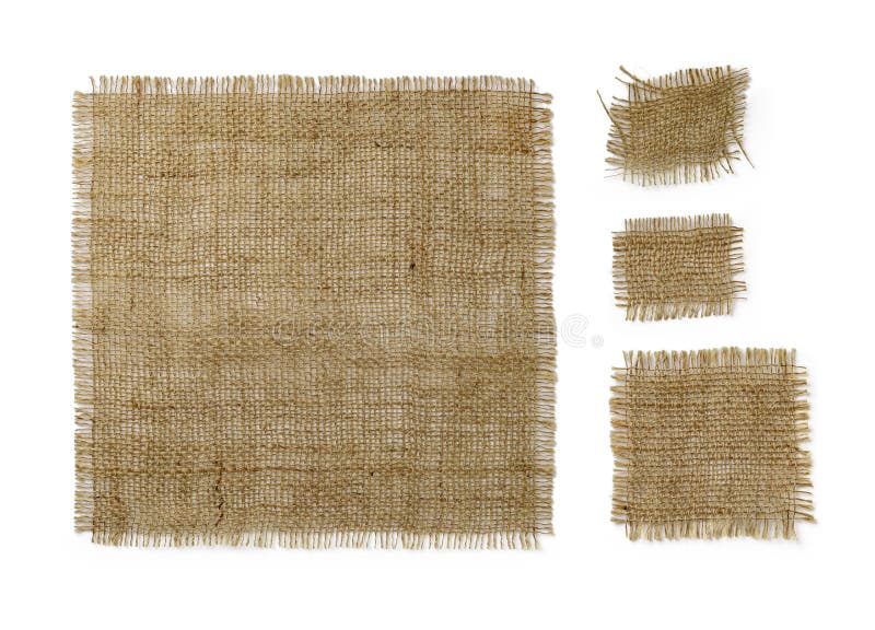 Square burlap pieces of different sizes isolated on white background. Natural color sackcloth patch with torn edges. Rough fabric. Woven of flax, jute or hemp royalty free stock photography