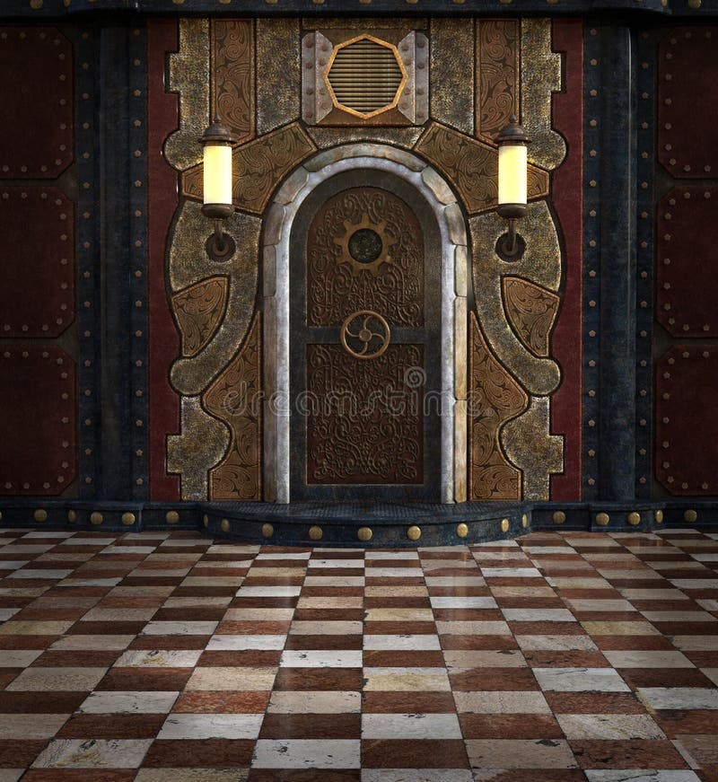 Steampunk security room with closed door royalty free illustration