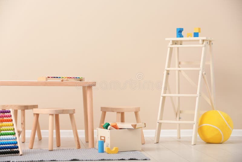 Stylish child`s room interior with toys. And new furniture royalty free stock photos