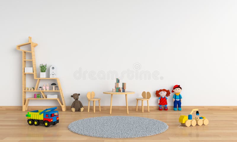 Table and chair in white child room for mockup, 3D rendering. Wood table and chair in white child room for mockup, 3D rendering stock photos