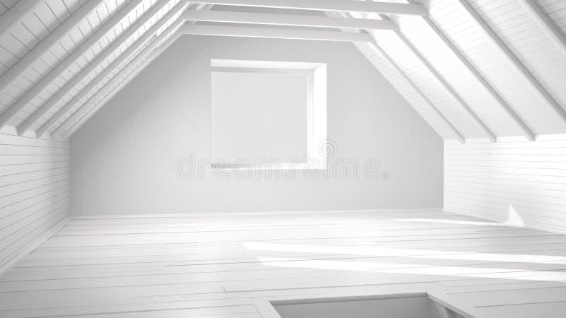 Total white project of empty room, loft, attic, parquet wooden f. Loor and wooden ceiling beams, architecture interior design stock illustration