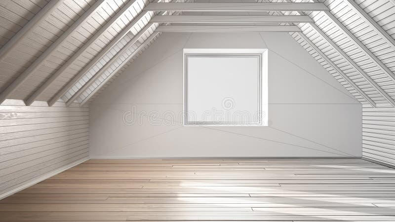 Unfinished project of empty room, loft, attic, parquet wooden fl. Oor and wooden ceiling beams, architecture interior design vector illustration