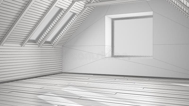 Unfinished project of empty room, loft, attic, parquet wooden fl. Oor and wooden ceiling beams, architecture interior design royalty free illustration