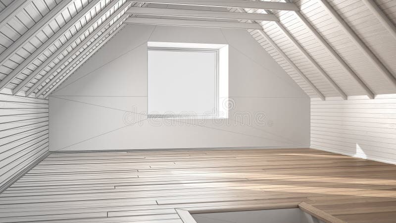 Unfinished project of empty room, loft, attic, parquet wooden fl. Oor and wooden ceiling beams, architecture interior design royalty free illustration