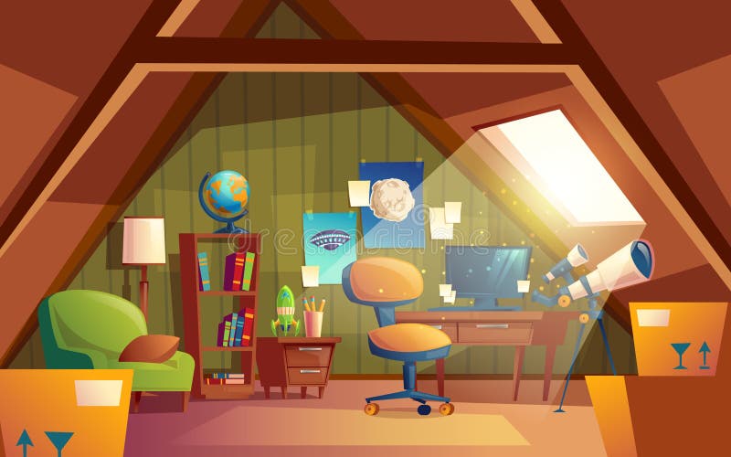 Vector attic interior, children playroom with furniture. Cozy cartoon room under roof with telescope, posters, armchair, table, bookshelf. Architecture stock illustration