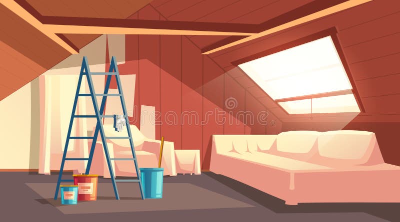 Vector attic repair. Renovation of garret, loft. Vector concept of attic repair. Renovation of wooden room under a roof. Furniture under a protective covering vector illustration