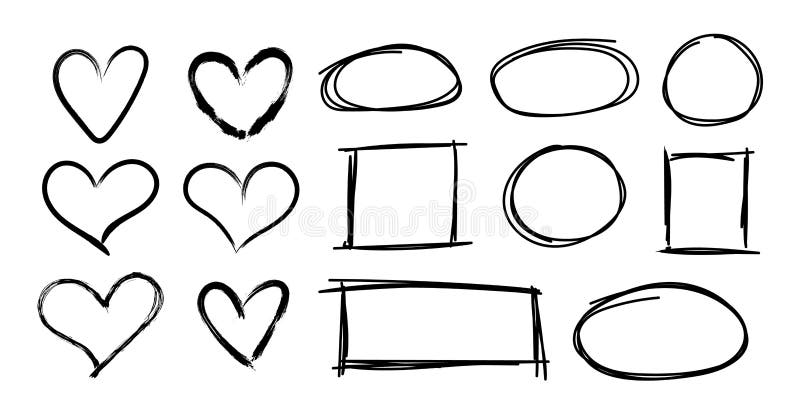 Vector black simple hand drawn frames and hearts, geometric shapes, rough sketched brush strokes, freehand drawing. vector illustration