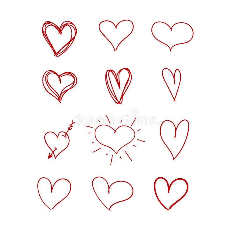 Vector hand drawn heart, red color, design elements set, freehand rough marker drawings isolated on white background. stock illustration