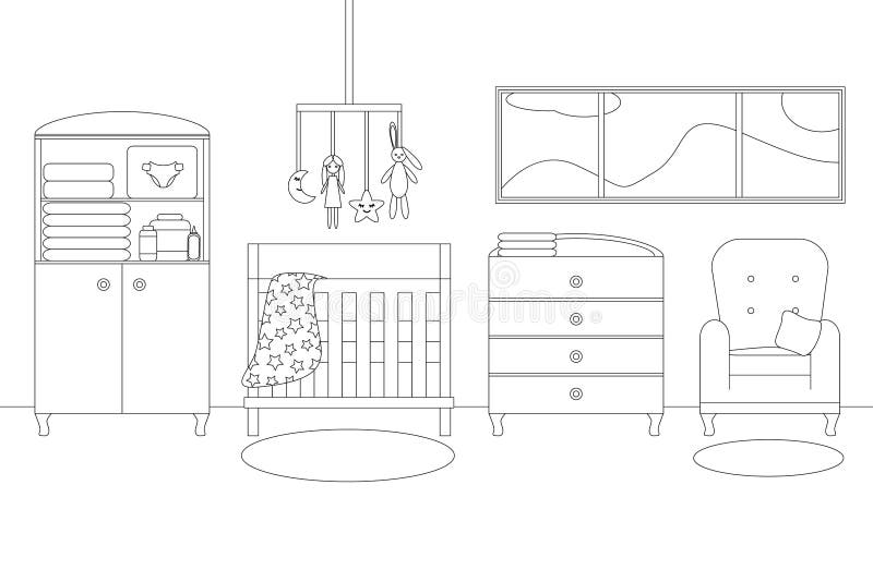 Vector Line Illustration of Baby Girl`s Room stock illustration