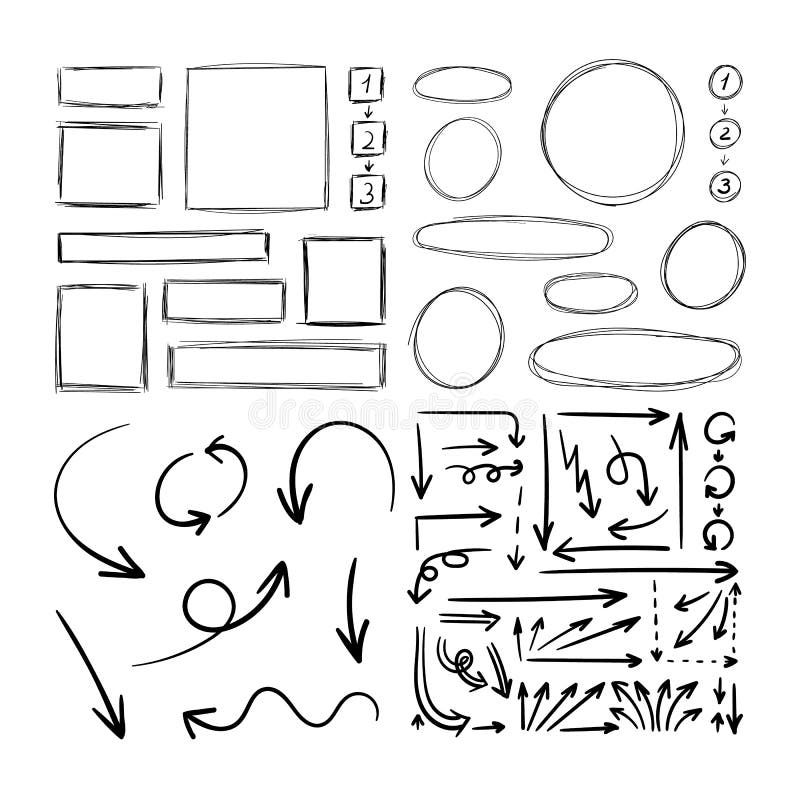 Vector Set of Hand Drawn Scribble Drawings, Illustration Isolated on White Background, Black Rough Lines, Blank Frames, Arrows. royalty free illustration