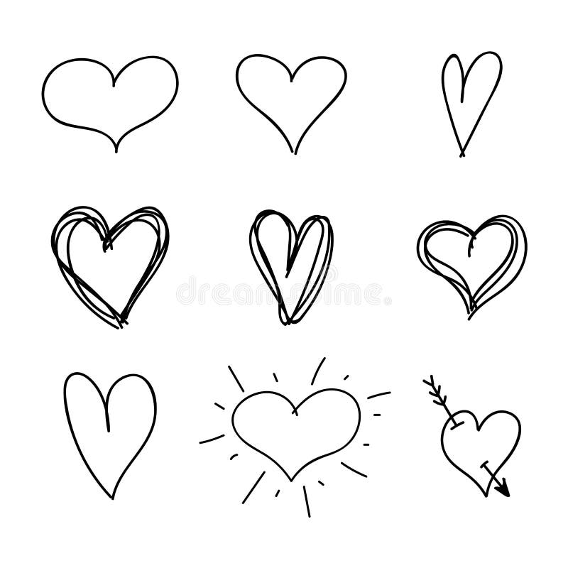 Vector Set of Nine Hand Drawn Hearts, Handdrawn Rough Marker Icons, Black Drawings Isolated. stock illustration