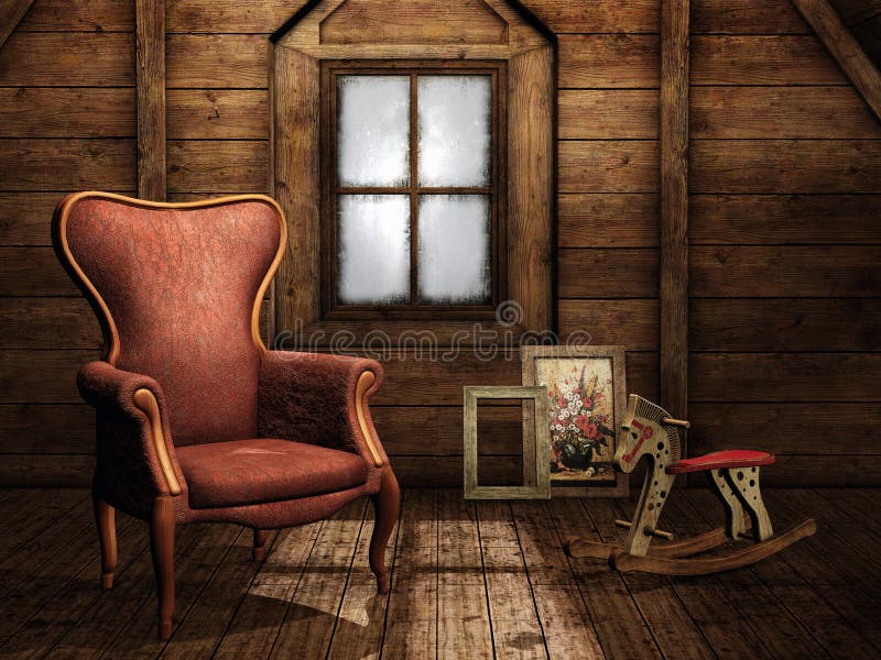 Vintage attic. With an armchair and rocking horse stock illustration