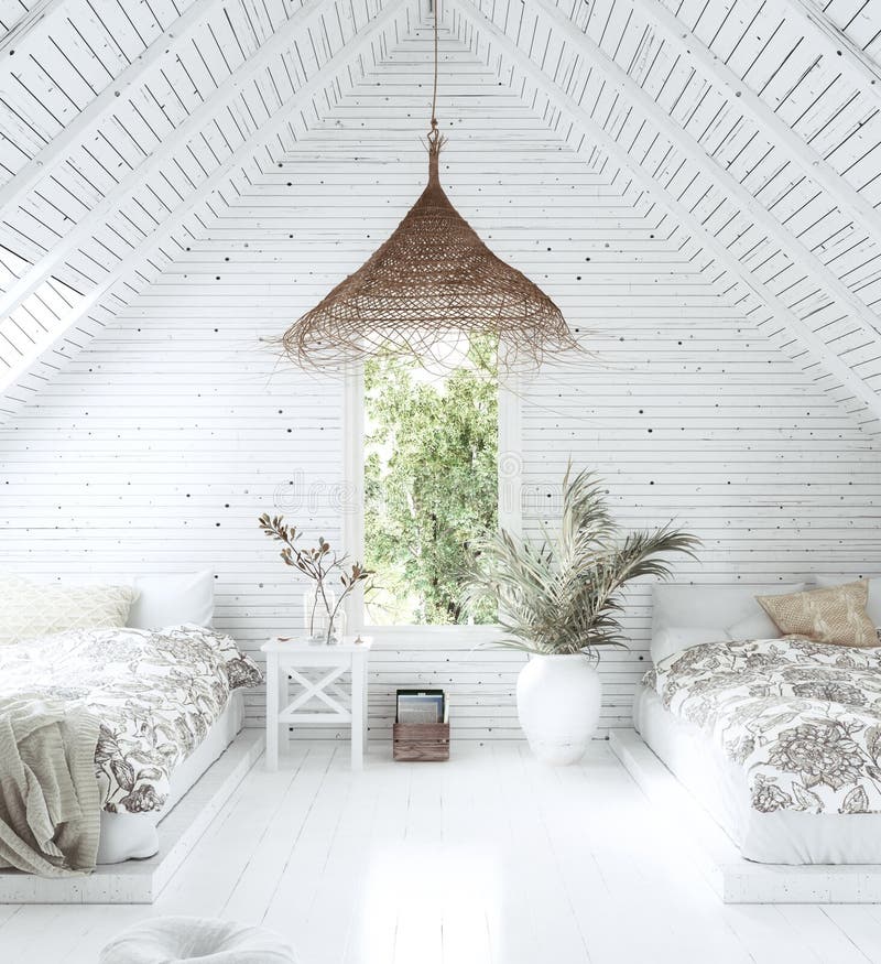 White cozy tropical bedroom interior in attic, Scandi-Boho style. 3d render royalty free illustration