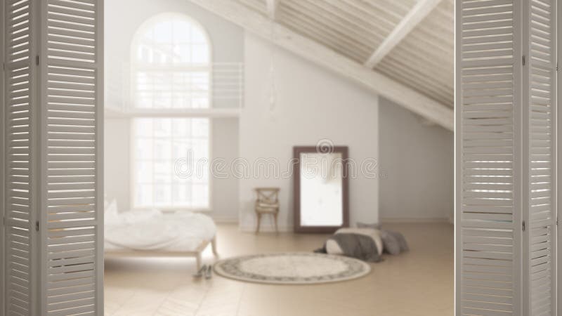 White folding door opening on scandinavian bedroom, attic with wooden beams, white interior design, architect designer concept, bl. Ur background royalty free illustration