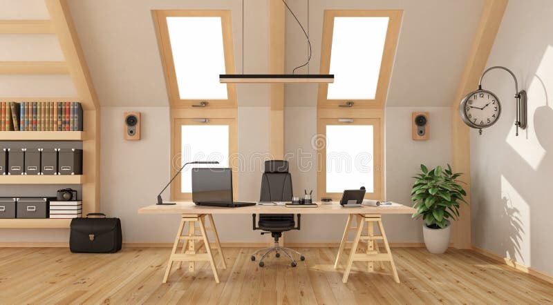 Wooden office in the attic. Modern office in the attic with wooden desk, bookcase and two windows - 3d rendering stock illustration