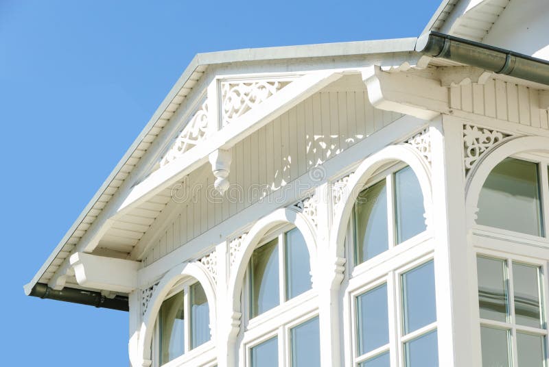 Wooden porch of a house in Binz. With frieze and cornice stock photos