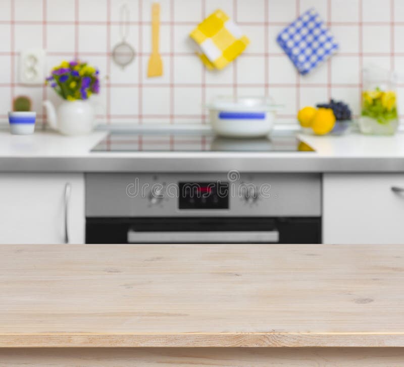 Wooden table on blurred background of kitchen bench stock photo
