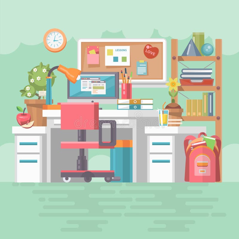 Work office of school girl with modern gadgets, computer, pc, files, board, chair and school supplies. stock illustration