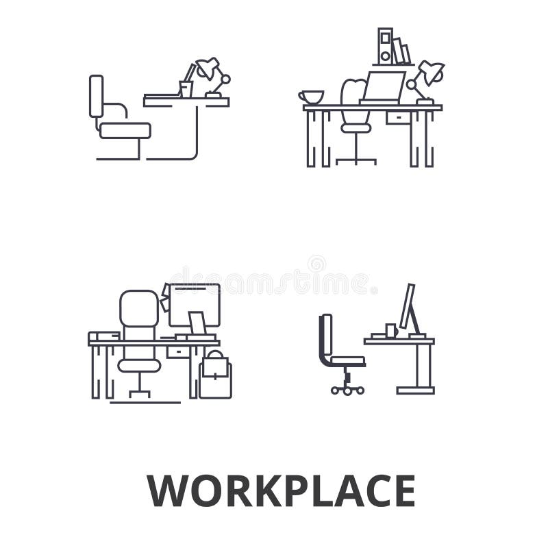 Workplace, office, work, business, desk, corporate interior, industrial line icons. Editable strokes. Flat design vector vector illustration