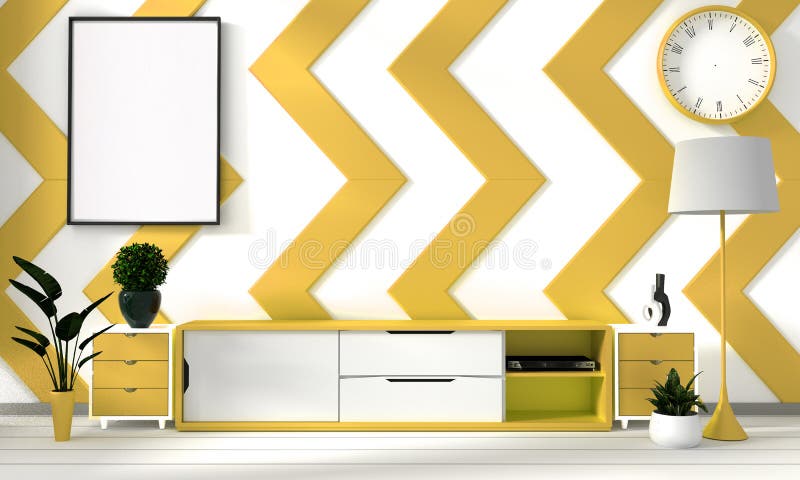 Mock up Yellow and white room poster with zen hipster minimalism japanese interior background, 3D rendering. Yellow and white room poster with zen hipster royalty free illustration