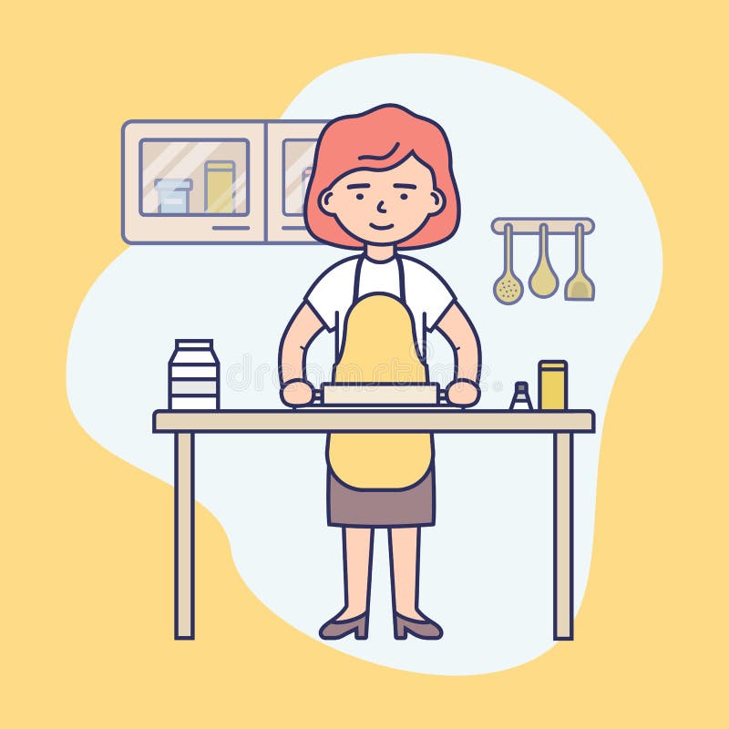 Young Girl Is Cooking Food In The Modern Kitchen. Female Character Is Rolling Out the Dough On the Kitchen s Table royalty free illustration