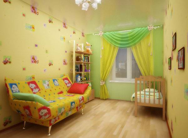 Глянцевый натяжной потолок светлого тона для детской комнаты 