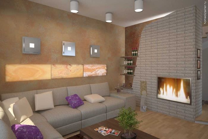 пример яркого дизайна гостиной комнаты с камином