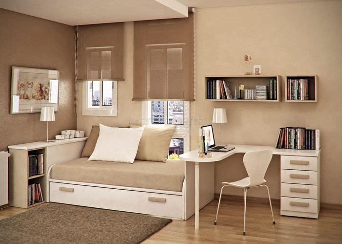 идея красивого дизайна небольшой комнаты в общежитии
