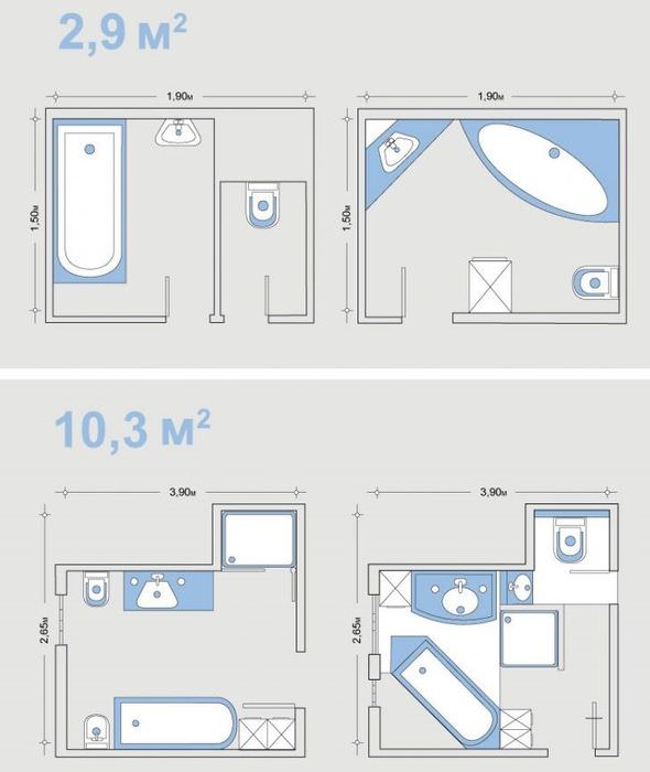 Схемы планировки ванной комнаты различных размеров
