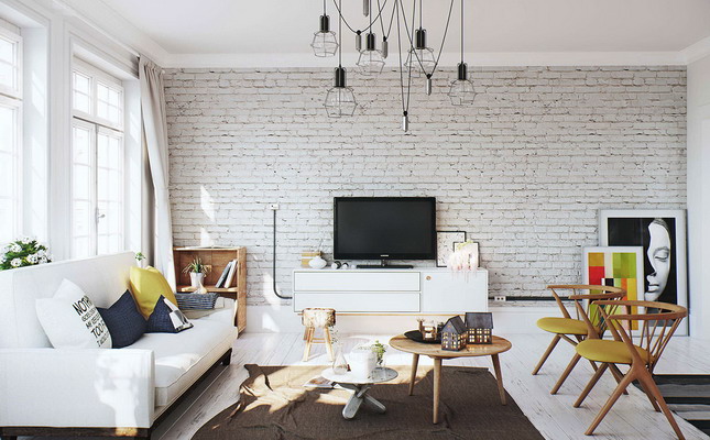 Дизайн комнаты с кирпичной стеной белого цвета