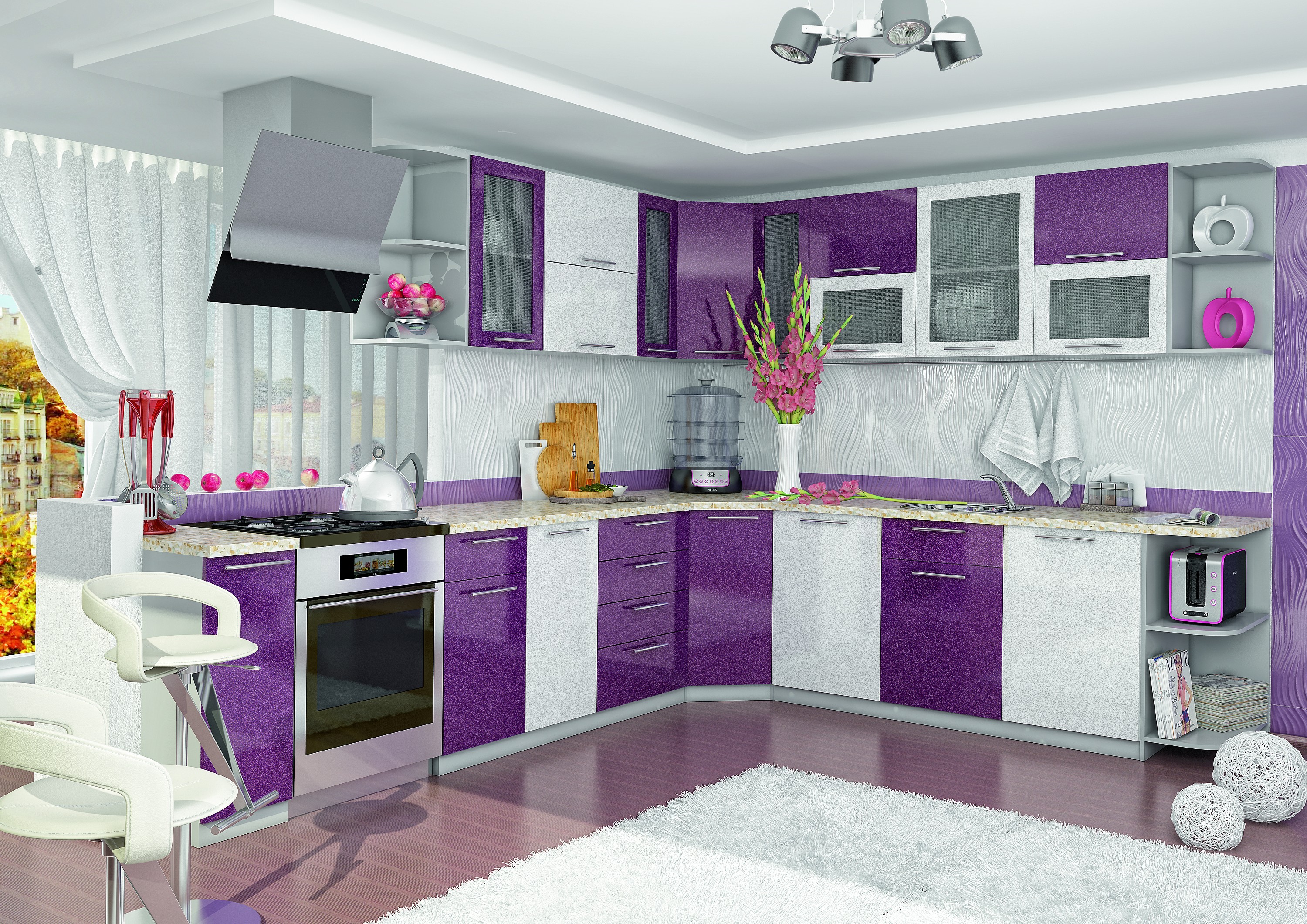 Интерьер кухни с фиолетовым гарнитуром